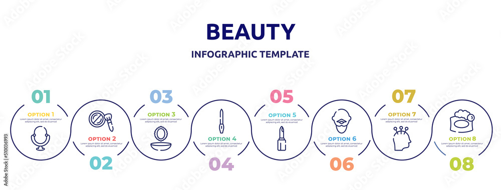 beauty concept infographic design template. included make up mirror, cheek brush, powder and mirror, nail file, lipstick cosmetic, bold man with moustache, acupuncture, soap bar icons and 8 option