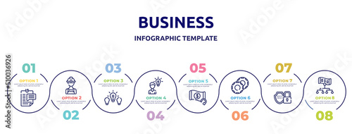 business concept infographic design template. included enquiry, miner, difference, opinion, refund, casino chip, encryption, hierarchy structure icons and 8 option or steps.