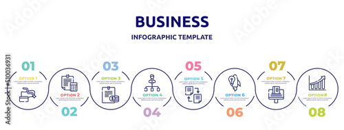 business concept infographic design template. included bankrupt, estimate, planing, hierarchical structure, distributed ledger, start up, online payment, rise icons and 8 option or steps.