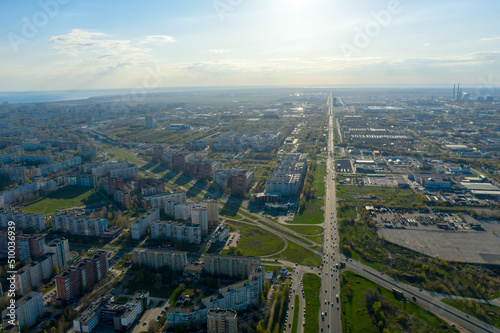 Togliatti view of the southern highway towards AvtoVAZ. Aerial city view in summer