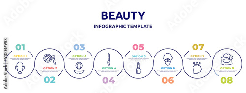 beauty concept infographic design template. included make up mirror, cheek brush, powder and mirror, nail file, lipstick cosmetic, bold man with moustache, acupuncture, soap bar icons and 8 option