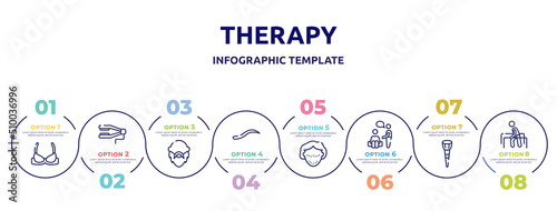 therapy concept infographic design template. included brassiere, straighten, bald, eyebrow, botox, therapy, makeup brush, physiotherapy icons and 8 option or steps.