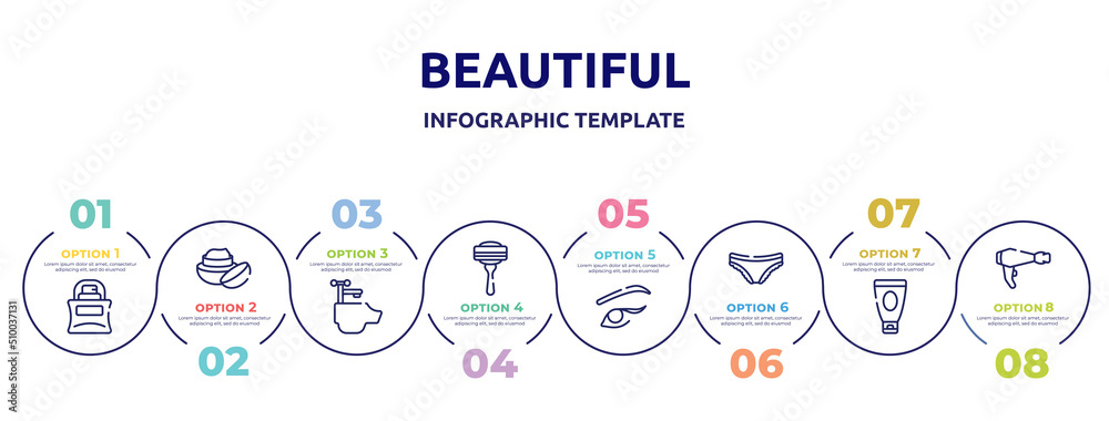 beautiful concept infographic design template. included parfume bottle, face cream, hair washing sink, disposable razor, two eyeliners, panties, shaving cream, electric hairdryer icons and 8 option beautiful concept infographic design template. included parfume bottle, face cream, hair washing sink, disposable razor, two eyeliners, panties, shaving cream, electric hairdryer icons and 8 option