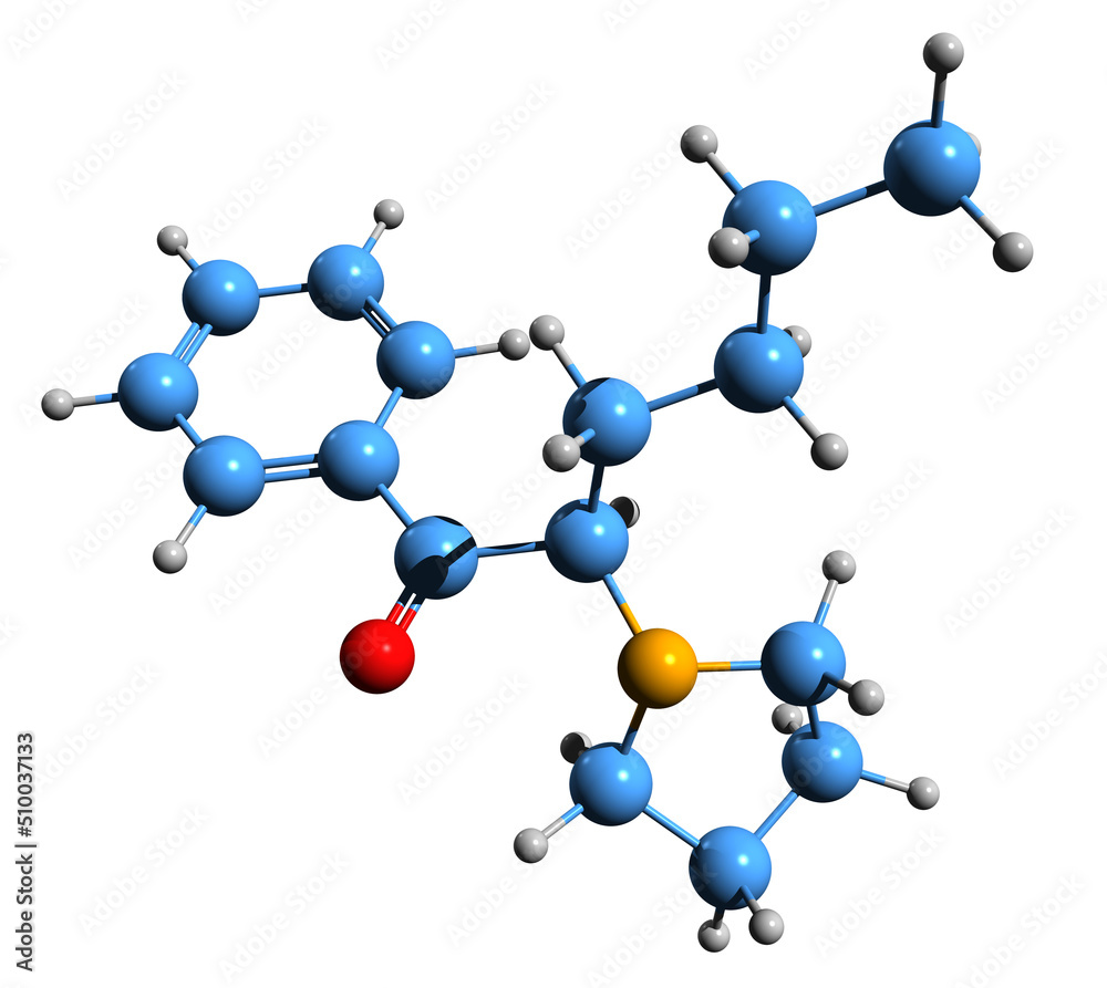 3D image of alpha-Pyrrolidinohexiophenone skeletal formula - molecular chemical structure of synthetic stimulant drug isolated on white background 3D image of alpha-Pyrrolidinohexiophenone skeletal formula - molecular chemical structure of synthetic stimulant drug isolated on white background