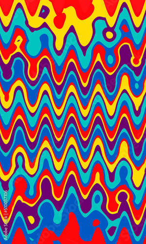 Colourful, bright background of bands in the form of molten colored wavelengths. Colors: yellow, purple, blue, blue, red. For dynamic, summer concepts. For postcards, wrapping paper, packaging, poster