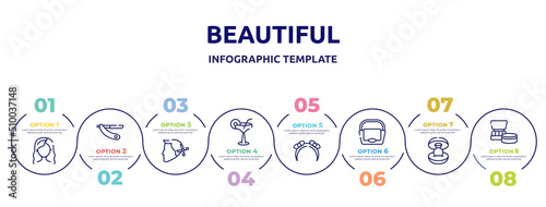 beautiful concept infographic design template. included modern haicut, shave blade, hairstyle, martini glass with straw, headbands, big hand bag, ring in box, cosmetics products icons and 8 option