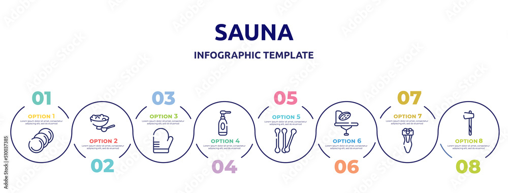 sauna concept infographic design template. included cotton discs, salt, oven mitt, cleansing, cotton buds, operating table, electric shaver, ax icons and 8 option or steps.