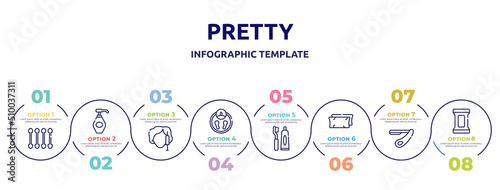 pretty concept infographic design template. included cotton swabs, liquid soap, beauty treatment, big scale, toothbrush and toothpaste, pillow, straight razor, makeup remover wipes icons and 8