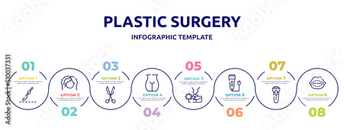 plastic surgery concept infographic design template. included scalpel, curling hair, medical tools, , aroma, electric razor, shaver, lip augmentation icons and 8 option or steps.