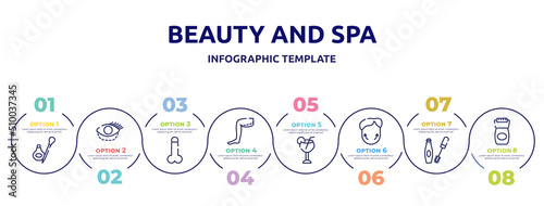 beauty and spa concept infographic design template. included eyeliner, blepharoplasty, , thigh, margarita, genioplasty, mascara makeup, epilator icons and 8 option or steps.