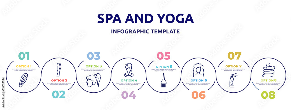 spa and yoga concept infographic design template. included null, one comb, female head, hair salon, hair dye brush, wavy hair, hairspray, hot stone icons and 8 option or steps.