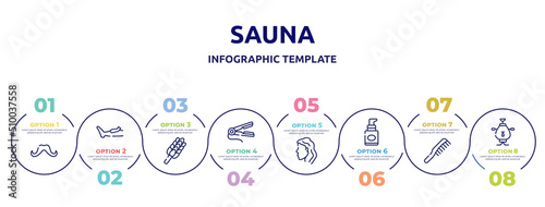 sauna concept infographic design template. included mustache shape, waxing, whisk, hair straightener, woman head side view, foundation, hairdressing, samovar icons and 8 option or steps.