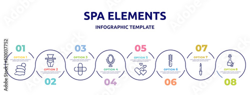 spa elements concept infographic design template. included snail slime, slim, band aid, mirrors, romantic, combs, lima, olive oil icons and 8 option or steps.