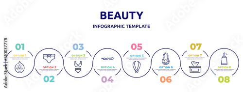 beauty concept infographic design template. included hairy, underclothing, underwear, hair pin, pluck, avocado, tissues, null icons and 8 option or steps.