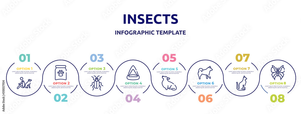 insects concept infographic design template. included dog and man seating, treat, asparagus beetle, cat playhouse, corgi, malamute, egyptian cat, leaf butterfly icons and 8 option or steps. insects concept infographic design template. included dog and man seating, treat, asparagus beetle, cat playhouse, corgi, malamute, egyptian cat, leaf butterfly icons and 8 option or steps.