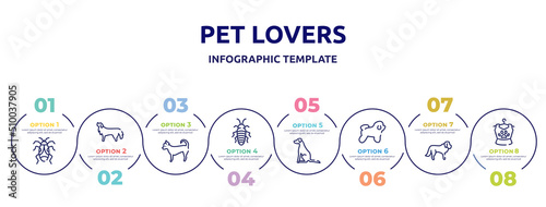 pet lovers concept infographic design template. included null, bernese mountain dog, chihuahua, madagascan, pointer dog, bichon frise, st bernard, pet clothing icons and 8 option or steps.