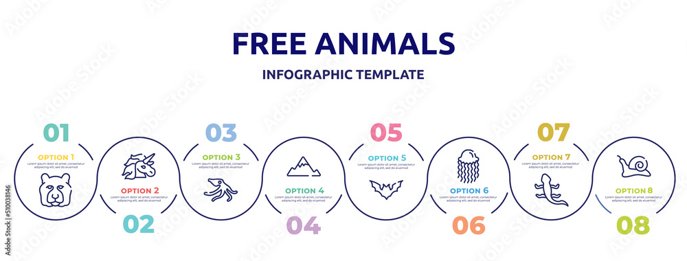 free animals concept infographic design template. included tiger head, unicorn, wild octopus, angular mountain, plain bat, swimming jellyfish, curved lizard, null icons and 8 option or steps. free animals concept infographic design template. included tiger head, unicorn, wild octopus, angular mountain, plain bat, swimming jellyfish, curved lizard, null icons and 8 option or steps.
