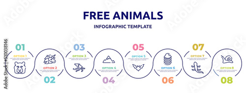 free animals concept infographic design template. included tiger head, unicorn, wild octopus, angular mountain, plain bat, swimming jellyfish, curved lizard, null icons and 8 option or steps.