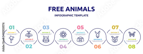 free animals concept infographic design template. included plain palm tree, big bee, pet cat, angular flower, dog food bowl, kangaroo head, dog face, butterfly wings icons and 8 option or steps.