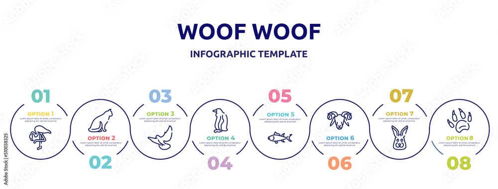 woof woof concept infographic design template. included flamingo with leg up, sitting cat, flying dove, sitting penguin, big tuna, ram, rabbit head, animal paw print icons and 8 option or steps.