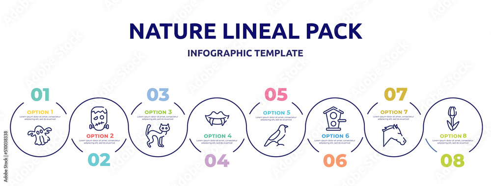 nature lineal pack concept infographic design template. included ghost, frankenstein, black cat, fangs, bird of black feathers, birds home, horse head, tulips icons and 8 option or steps. nature lineal pack concept infographic design template. included ghost, frankenstein, black cat, fangs, bird of black feathers, birds home, horse head, tulips icons and 8 option or steps.