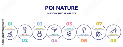 poi nature concept infographic design template. included horse rocker black, hot air balloon, cauldron, cloud and lightnings, horse races badge, plain tree, pet hotel, null icons and 8 option or