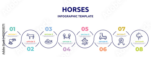 horses concept infographic design template. included birds couple, horse black side shape, bird and egg, hammock, birds house, roller skate, null, hat for a jockey icons and 8 option or steps.