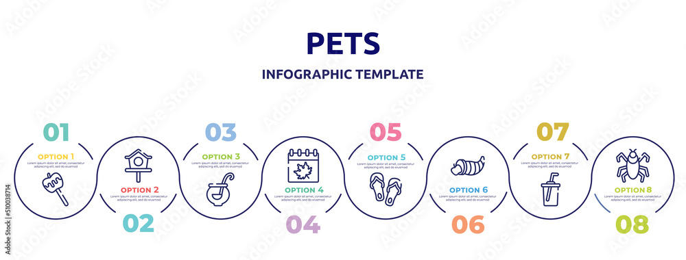 pets concept infographic design template. included caramel, bird house, punch bowl, autumn, flip flops, cornucopia, soda, insect icons and 8 option or steps. pets concept infographic design template. included caramel, bird house, punch bowl, autumn, flip flops, cornucopia, soda, insect icons and 8 option or steps.