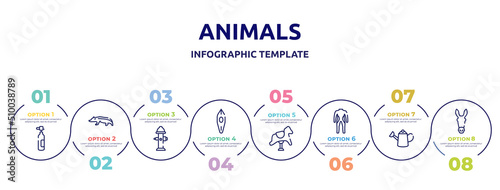 animals concept infographic design template. included oxygen tank, badger, fire hydrant, canoe, rocking horse, diving suit, watering can, donkey icons and 8 option or steps.