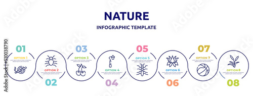 nature concept infographic design template. included no smoking, flea, cherry, streetlight, tree lobster, lotus flower, basketball ball, reeds icons and 8 option or steps.