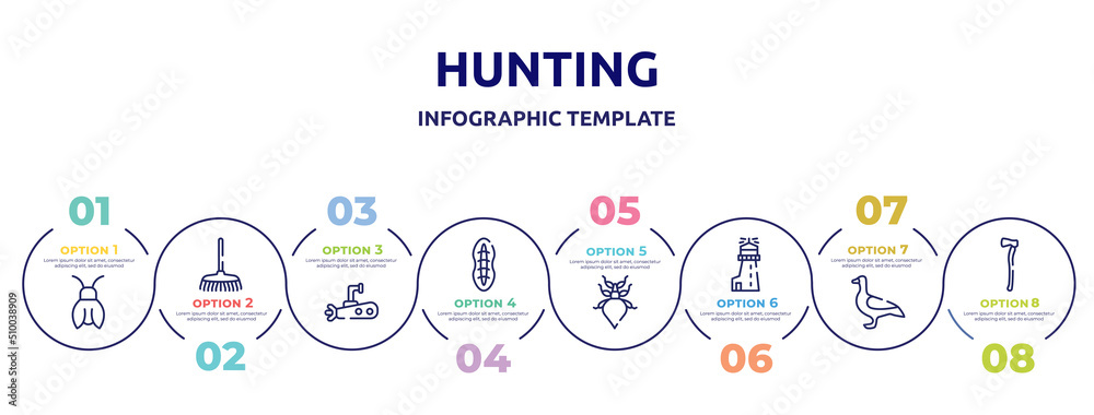 hunting concept infographic design template. included cicada, rake, submarine, plankton, leaf insect, lighthouse, goose, axe icons and 8 option or steps. hunting concept infographic design template. included cicada, rake, submarine, plankton, leaf insect, lighthouse, goose, axe icons and 8 option or steps.