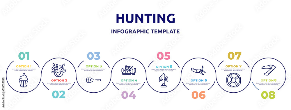 hunting concept infographic design template. included cupcake, seaweed, flashlight, underwater photography, statue, squid, lifebuoy, swiss army knife icons and 8 option or steps. hunting concept infographic design template. included cupcake, seaweed, flashlight, underwater photography, statue, squid, lifebuoy, swiss army knife icons and 8 option or steps.