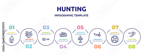 hunting concept infographic design template. included cupcake, seaweed, flashlight, underwater photography, statue, squid, lifebuoy, swiss army knife icons and 8 option or steps.