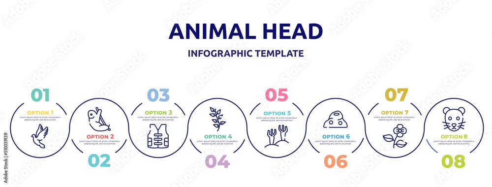 animal head concept infographic design template. included dove, sloth, vest, herb, branches, anthill, poppy, rat icons and 8 option or steps.