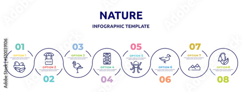 nature concept infographic design template. included nest, food stand, flamingo, rug, octopus, duck, mountains, harebell icons and 8 option or steps.