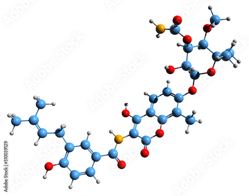 3D image of Aminocoumarin skeletal formula - molecular chemical structure of  antibiotic isolated on white background
 photo