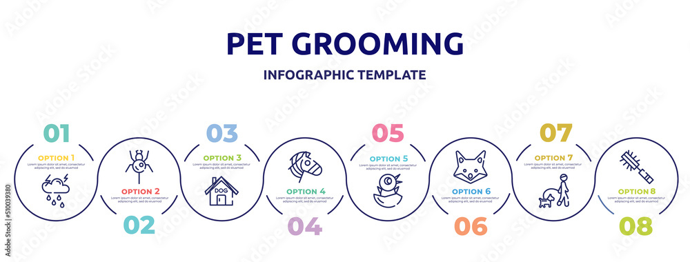 Obraz premium pet grooming concept infographic design template. included thunderstorm, spider, dog house, zebra, chick, fox, walking the dog, pet brush icons and 8 option or steps.
