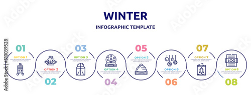 winter concept infographic design template. included electric heater, fur coat, anorak vest, snow globe, winter cap, bauble, christmas card, logs icons and 8 option or steps.