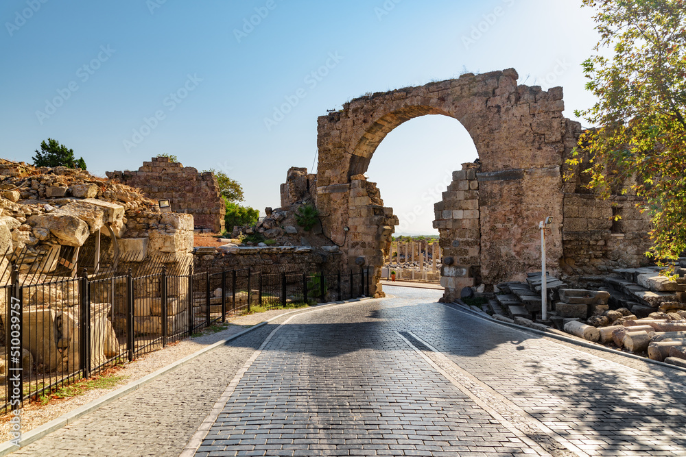 Awesome view of the Vespasian Gate in Side, Turkey