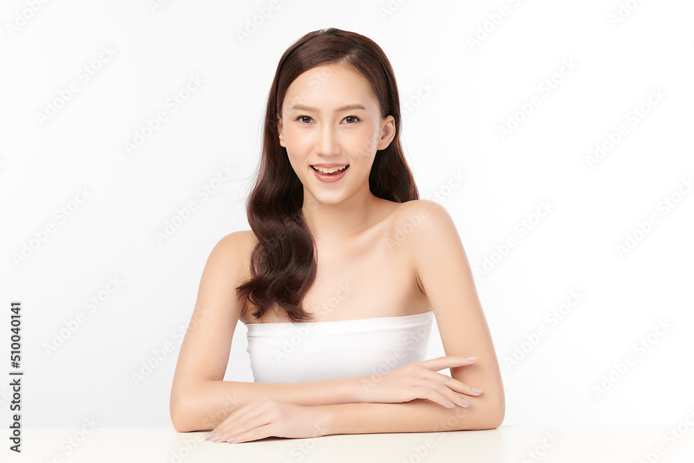Beautiful young asian woman with clean fresh skin on white background, Face care, Facial treatment, Cosmetology, beauty and spa, Asian women portrait.