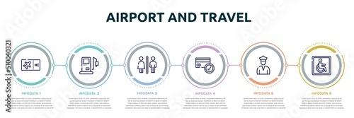 airport and travel concept infographic design template. included boarding ticket, gas station, male and female toilet, credit cards accepted, customs police, wheelchair accessible icons and 6 option