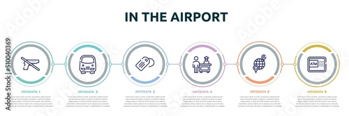 in the airport concept infographic design template. included no guns, bus service, luggage tag, customs control, international location, automated teller hine icons and 6 option or steps.