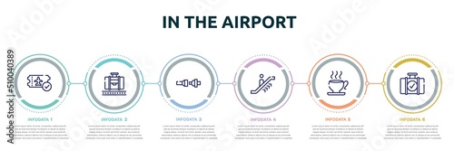 in the airport concept infographic design template. included verified boarding card, baggage claim, fasten your seatbelts, upwards or, teacup, luggage checking icons and 6 option or steps.