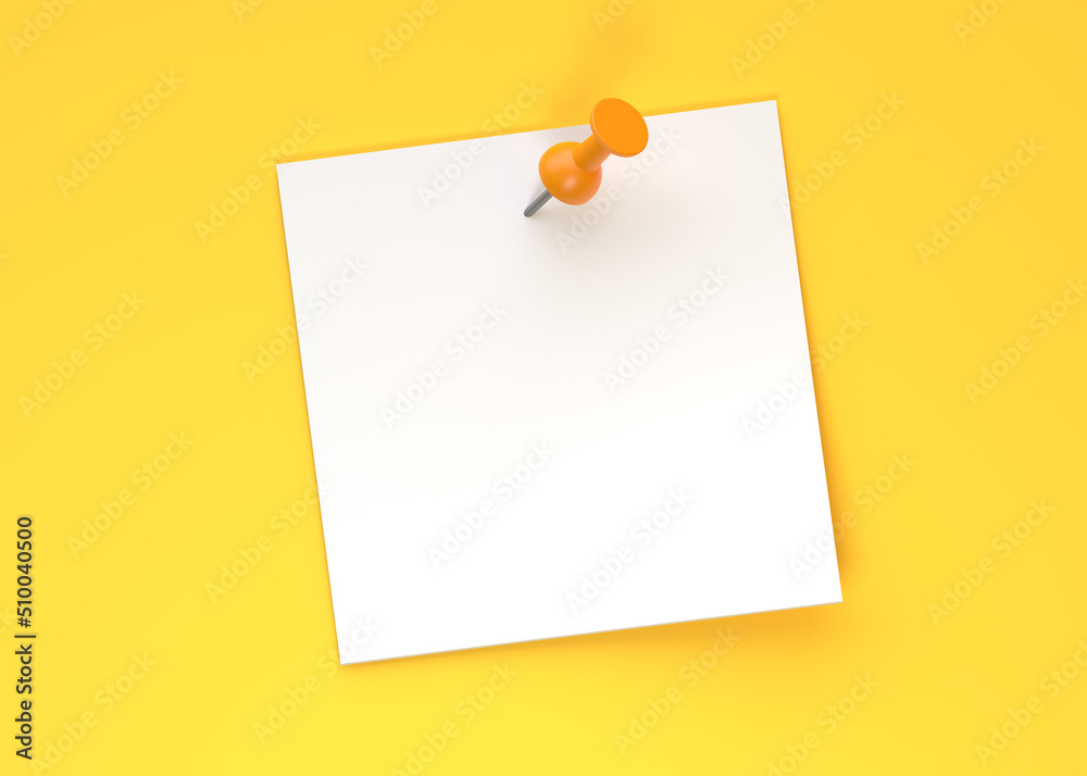 Blank white note paper with yellow push pin isolated on yellow pastel color wall background. Minimal concept. 3D rendering 3D illustration Blank white note paper with yellow push pin isolated on yellow pastel color wall background. Minimal concept. 3D rendering 3D illustration