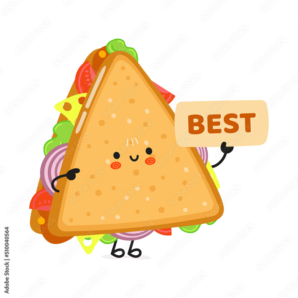Cute funny sandwich with poster best character. Vector hand drawn cartoon kawaii character illustration icon. Isolated on white background. Sandwich character concept Cute funny sandwich with poster best character. Vector hand drawn cartoon kawaii character illustration icon. Isolated on white background. Sandwich character concept