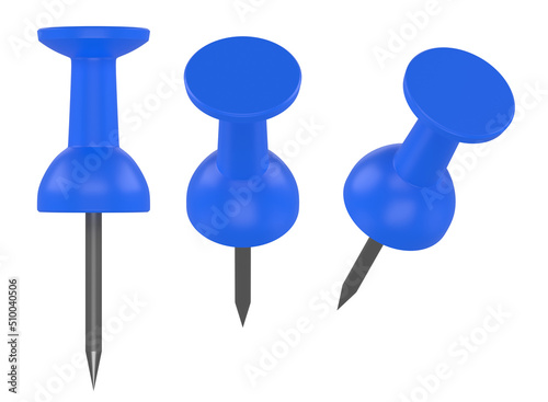 Collection blue push pins isolated on white background. Set of thumbtacks. Front view. 3D Rendering 3D illustration