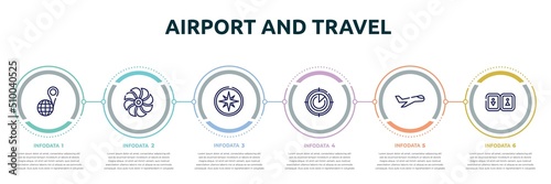 airport and travel concept infographic design template. included geolocated place, ventilation, compass with cardinal points, airplanes on radar, aviation, toilets icons and 6 option or steps.