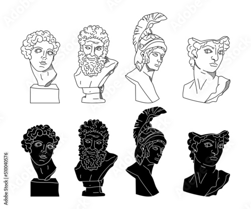 Ancient Greek statues of a gods and a heros, vector black white line and solid silhouettes antique sculptures of male busts figures, hand drawn bodies isolated clip art bundle