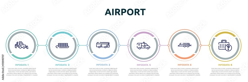 airport concept infographic design template. included backhoe, container ship side view, checker, ambulance side view, car trailer, lost and found icons and 6 option or steps. airport concept infographic design template. included backhoe, container ship side view, checker, ambulance side view, car trailer, lost and found icons and 6 option or steps.