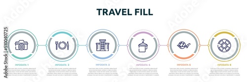 travel fill concept infographic design template. included digital camera, plate, knife and fork, hotel, hanger with a towel, airplane travel around the world, life bouy icons and 6 option or steps.